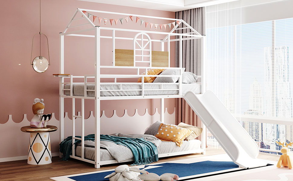 Twin Over Twin Metal Bunk Bed, Metal Housebed With Slide, Three Colors Available