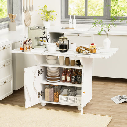 Versatile Marble Folding Dining Table With Storage Rack And Cabinet, 6 Wheels - White Home Essentials