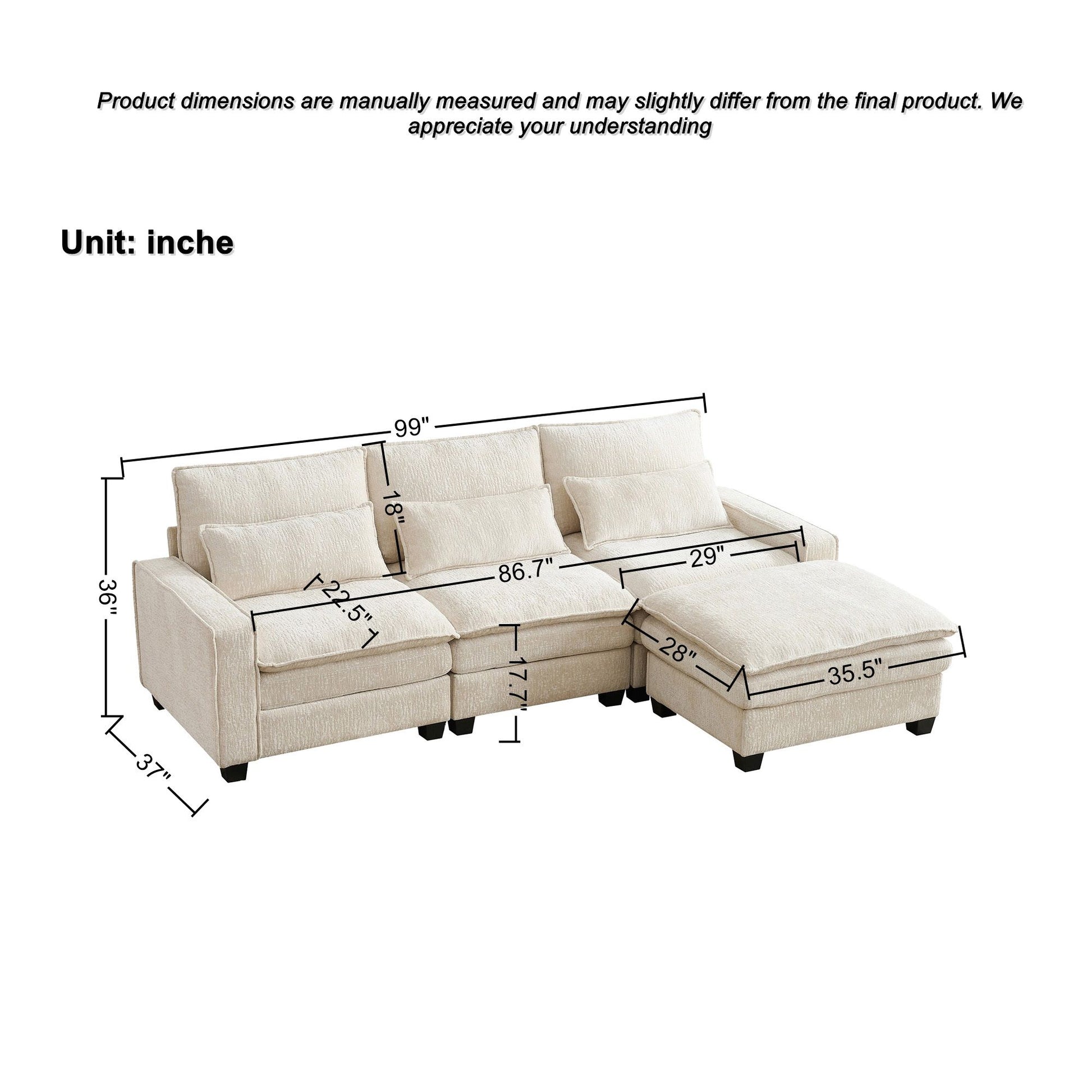 Modern Comfy Chenille L Shaped Sectional Sofa With Movable Ottoman Home Essentials