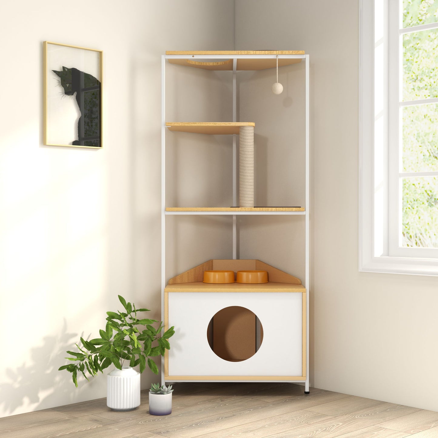 Corner Cat Tower, Cat Tree With Scratching Post, Cat Condo With Feeding Station And Climbing Platforms, Pet Furniture For Indoor Cats - White / Light Oak Daily Nest