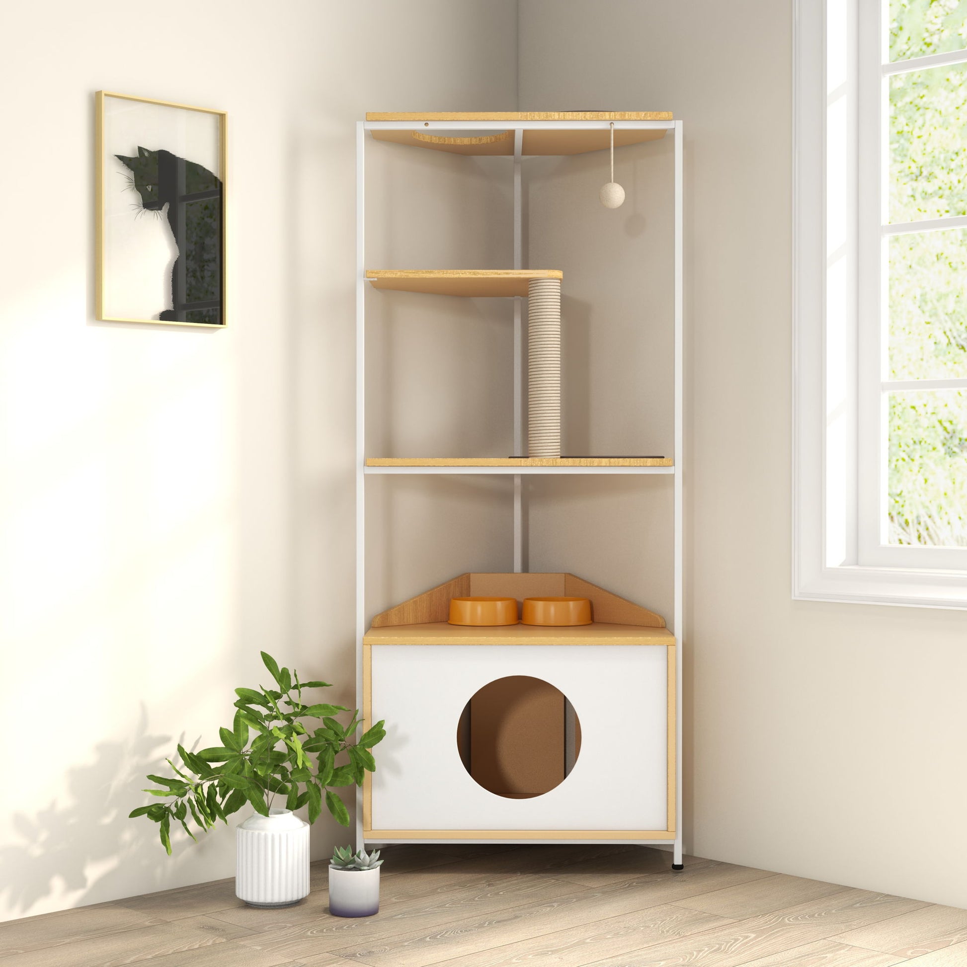 Corner Cat Tower, Cat Tree With Scratching Post, Cat Condo With Feeding Station And Climbing Platforms, Pet Furniture For Indoor Cats - White / Light Oak Daily Nest