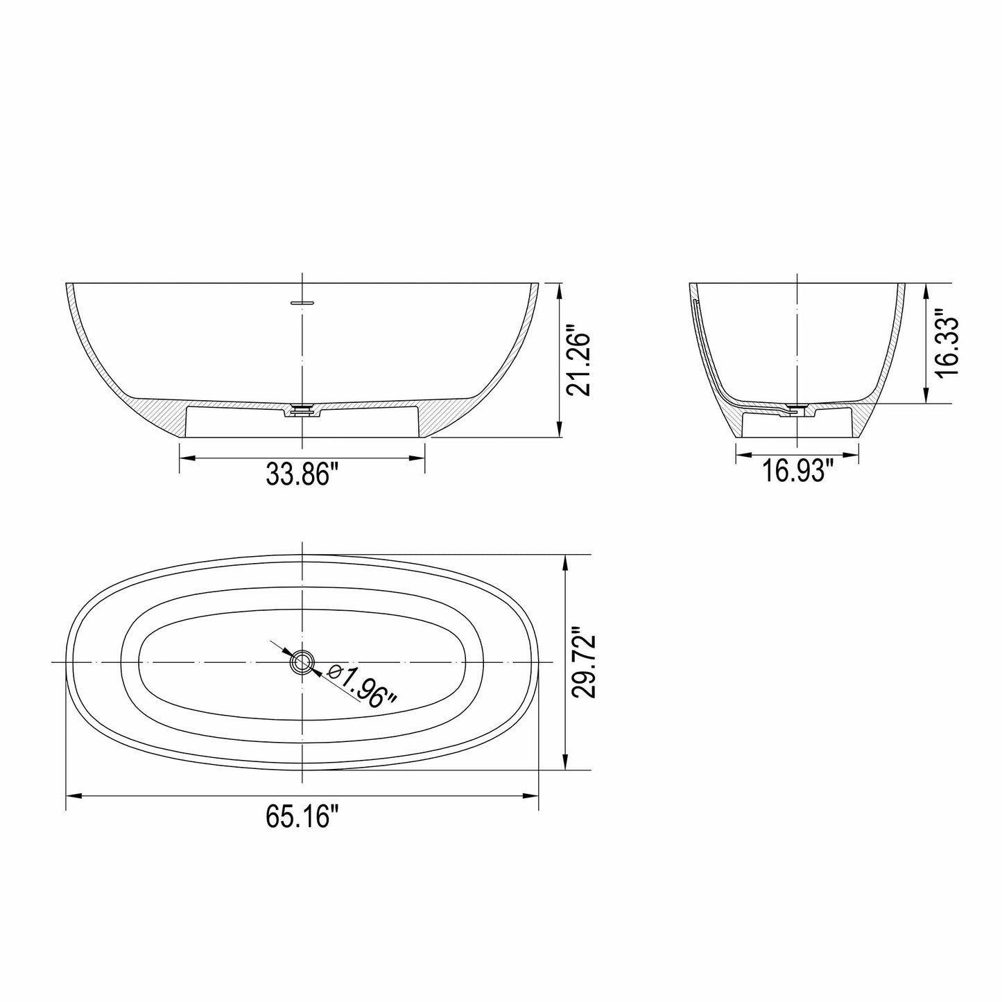 65.2" Freestanding Solid Surface Soaking Bathtub For Bathroom - Matte White Daily Nest