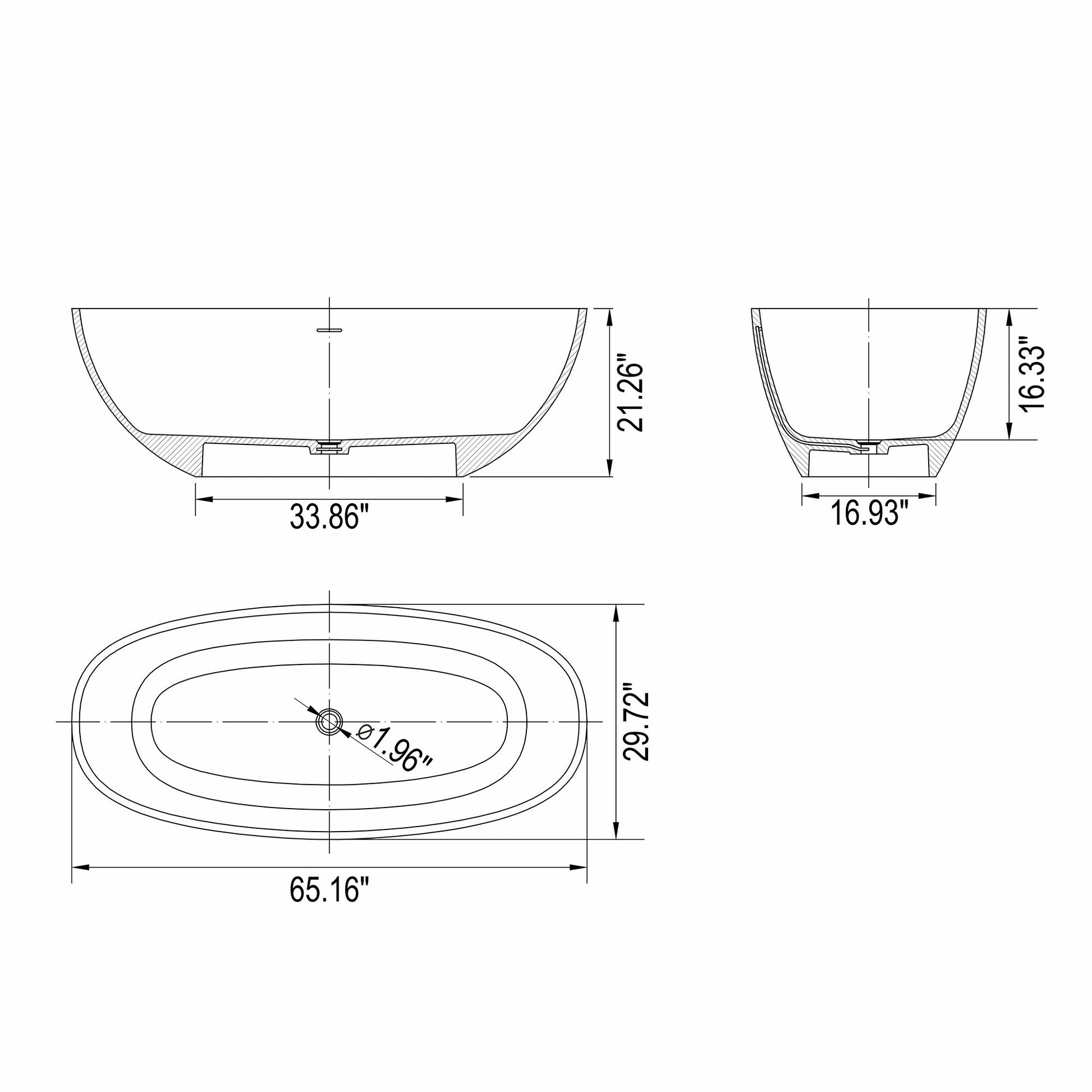 65.2" Freestanding Solid Surface Soaking Bathtub For Bathroom - Matte White Daily Nest