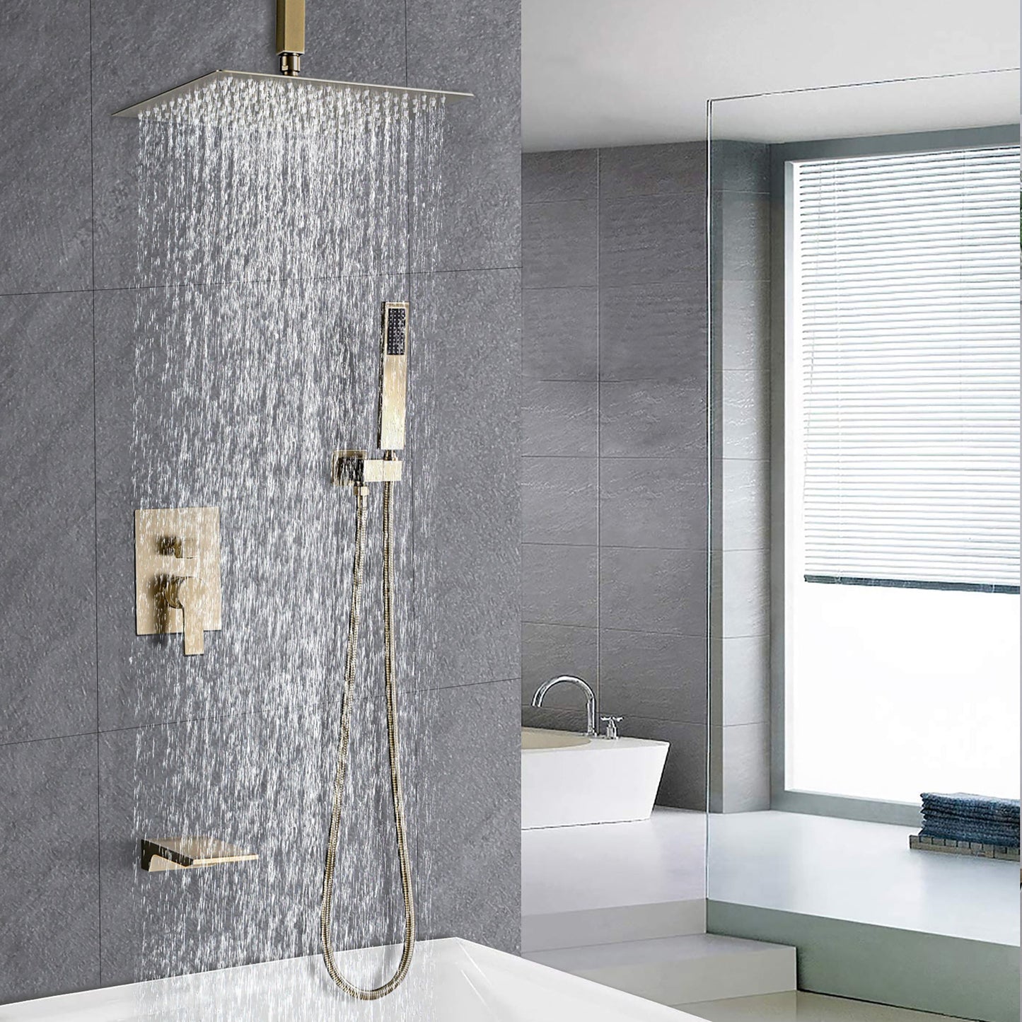 Contemporary Shower System With 12" Rainfall Head And Handheld Spray, Wall Mounted Daily Nest