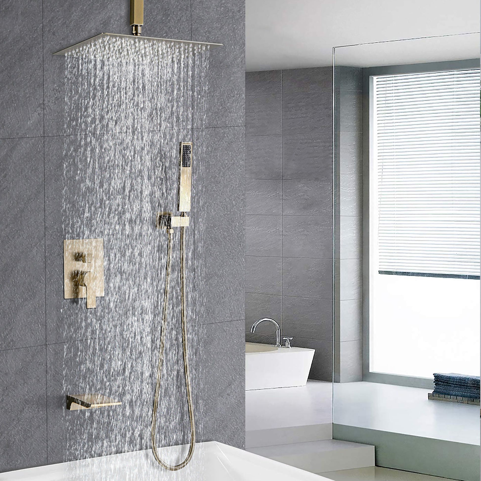 Contemporary Shower System With 12" Rainfall Head And Handheld Spray, Wall Mounted Daily Nest