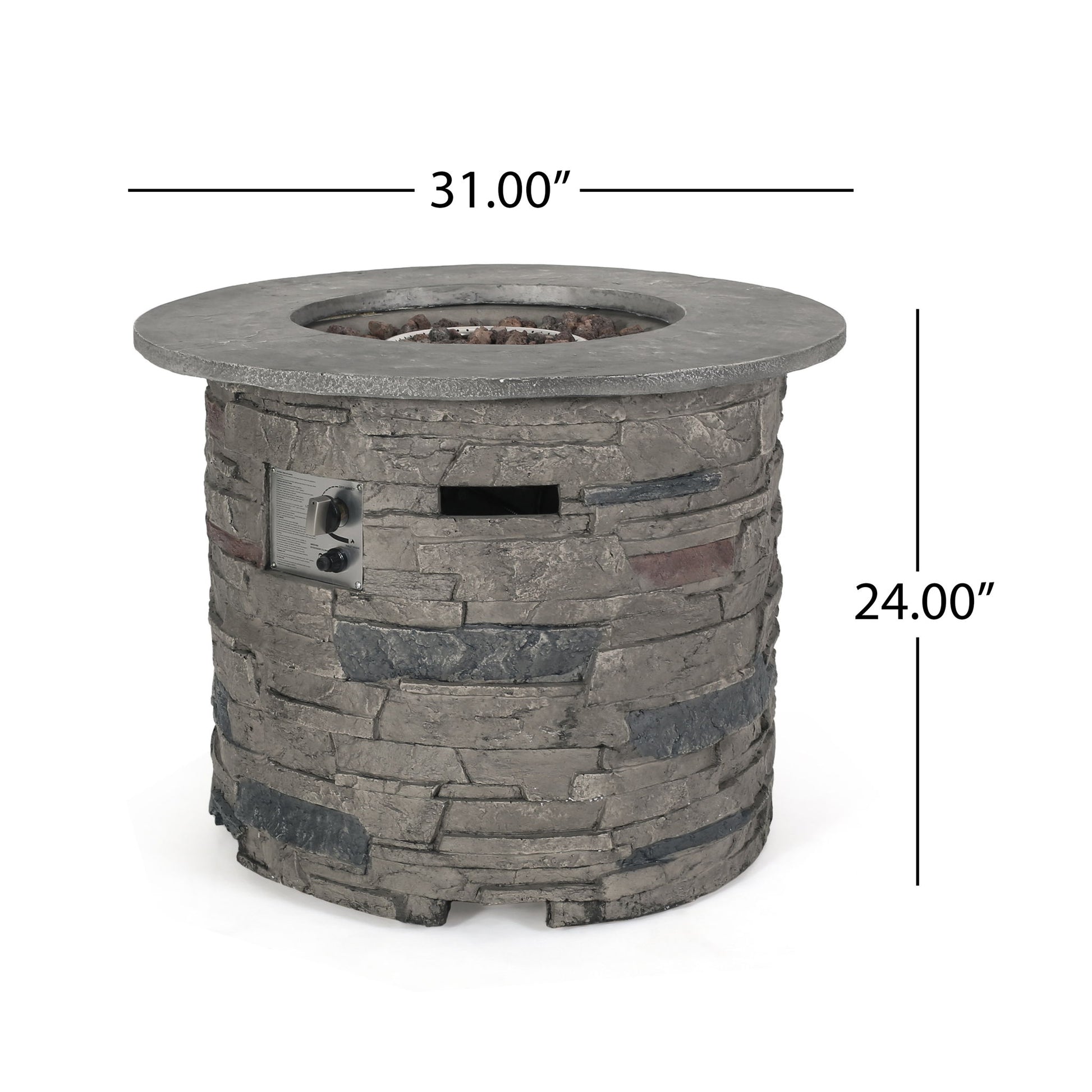Transitional Outdoor 32" Round Propane Fire Pit Table, Lightweight Concrete Construction - Stone Gray Noble House