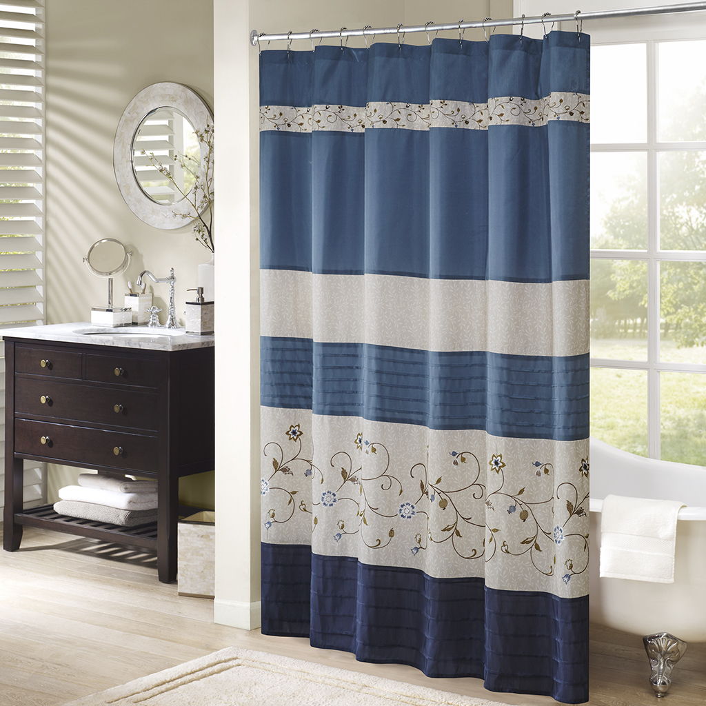 Serene - Embroidered Floral Shower Curtain - Navy