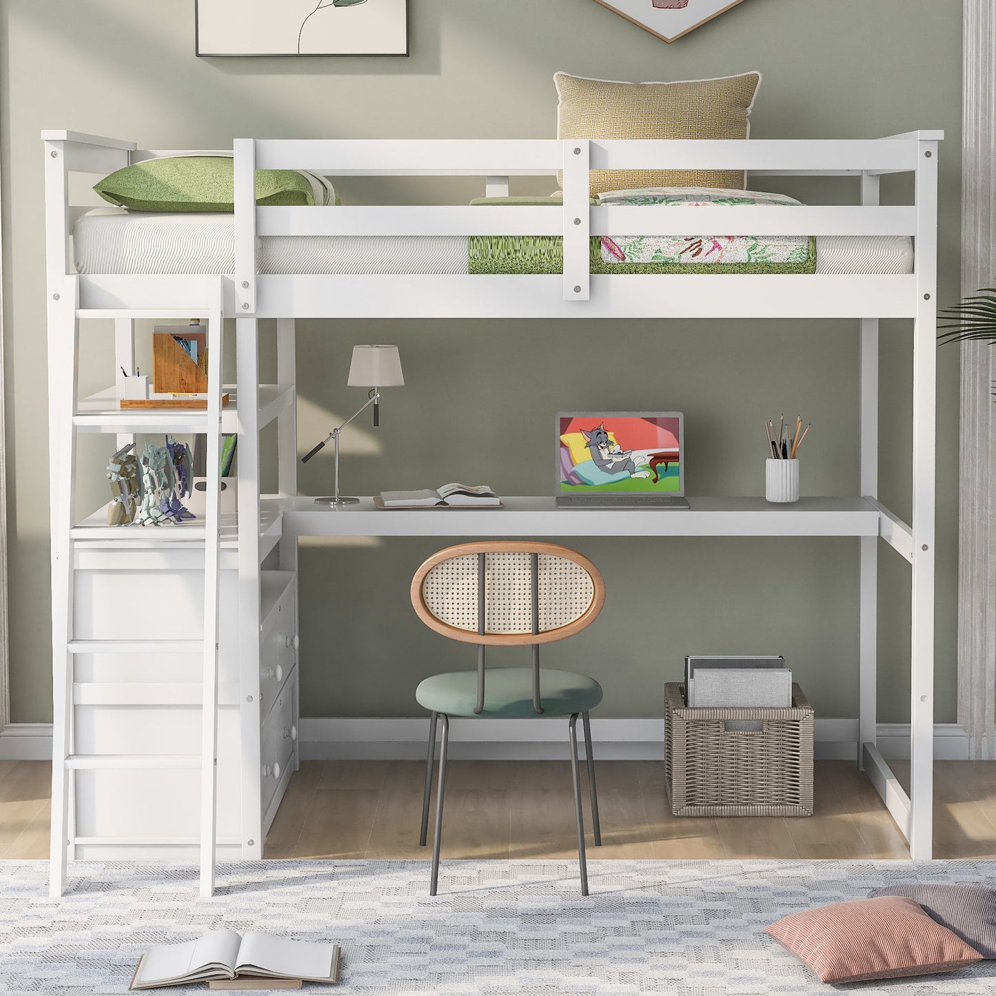 Modern Loft Bed With Built In Desk, Shelves, And 2 Drawers Hearth and Haven