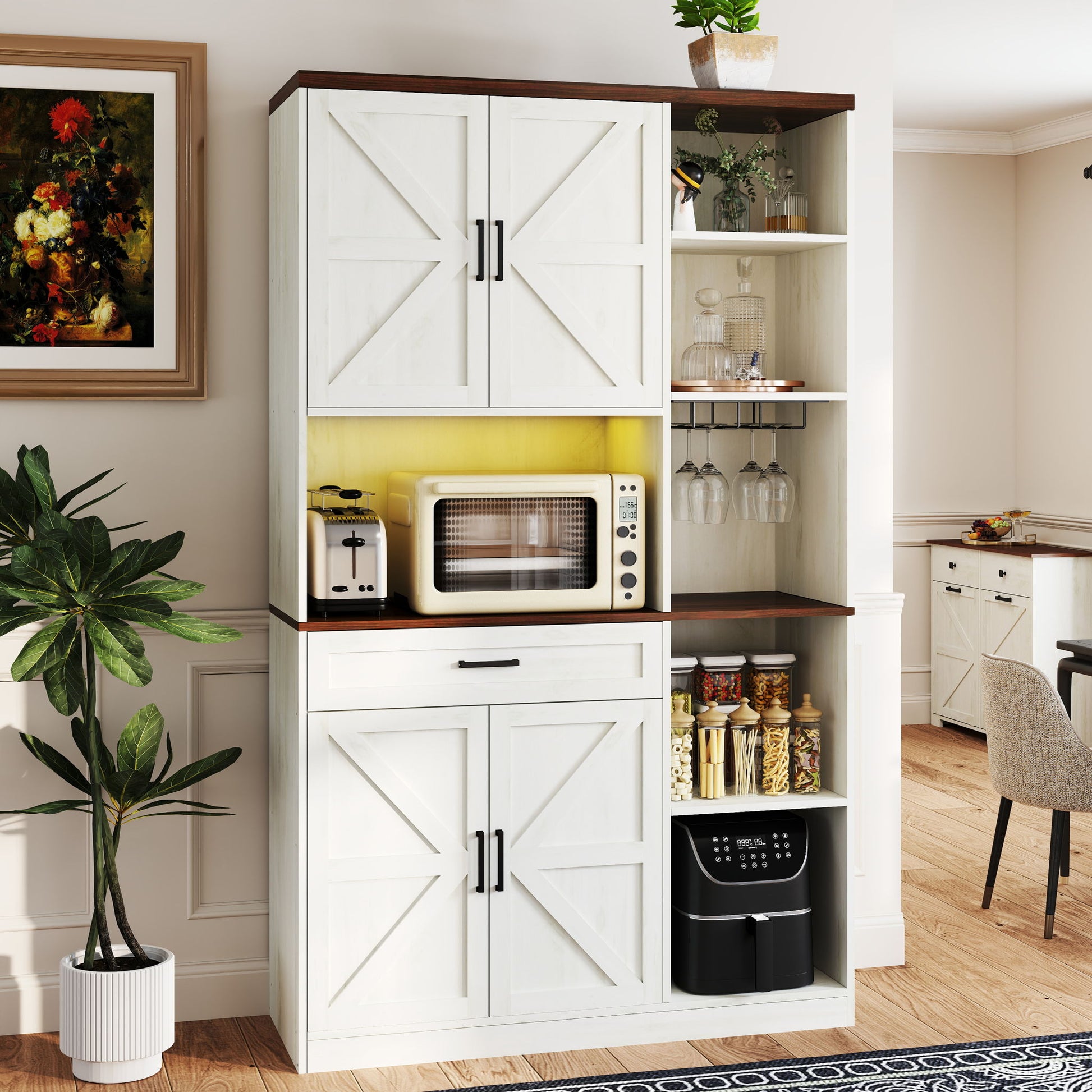 Farmhouse Kitchen Pantry Sideboard With Cabinet And Drawer, Multi Functional Kitchen Buffet With Hutch And Glass Holder, Microwave Stand With Charging Station - Brown / Antique White Home Essentials