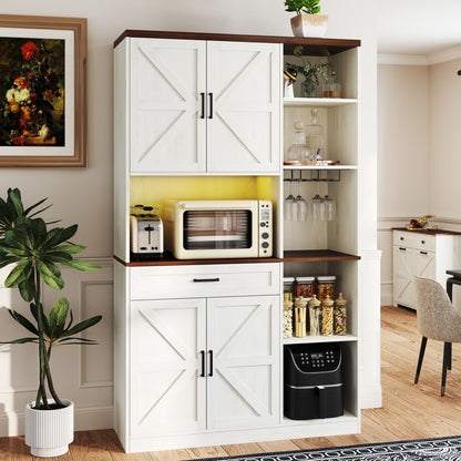 Farmhouse Kitchen Pantry Sideboard With Cabinet And Drawer, Multi Functional Kitchen Buffet With Hutch And Glass Holder, Microwave Stand With Charging Station - Brown / Antique White Home Essentials