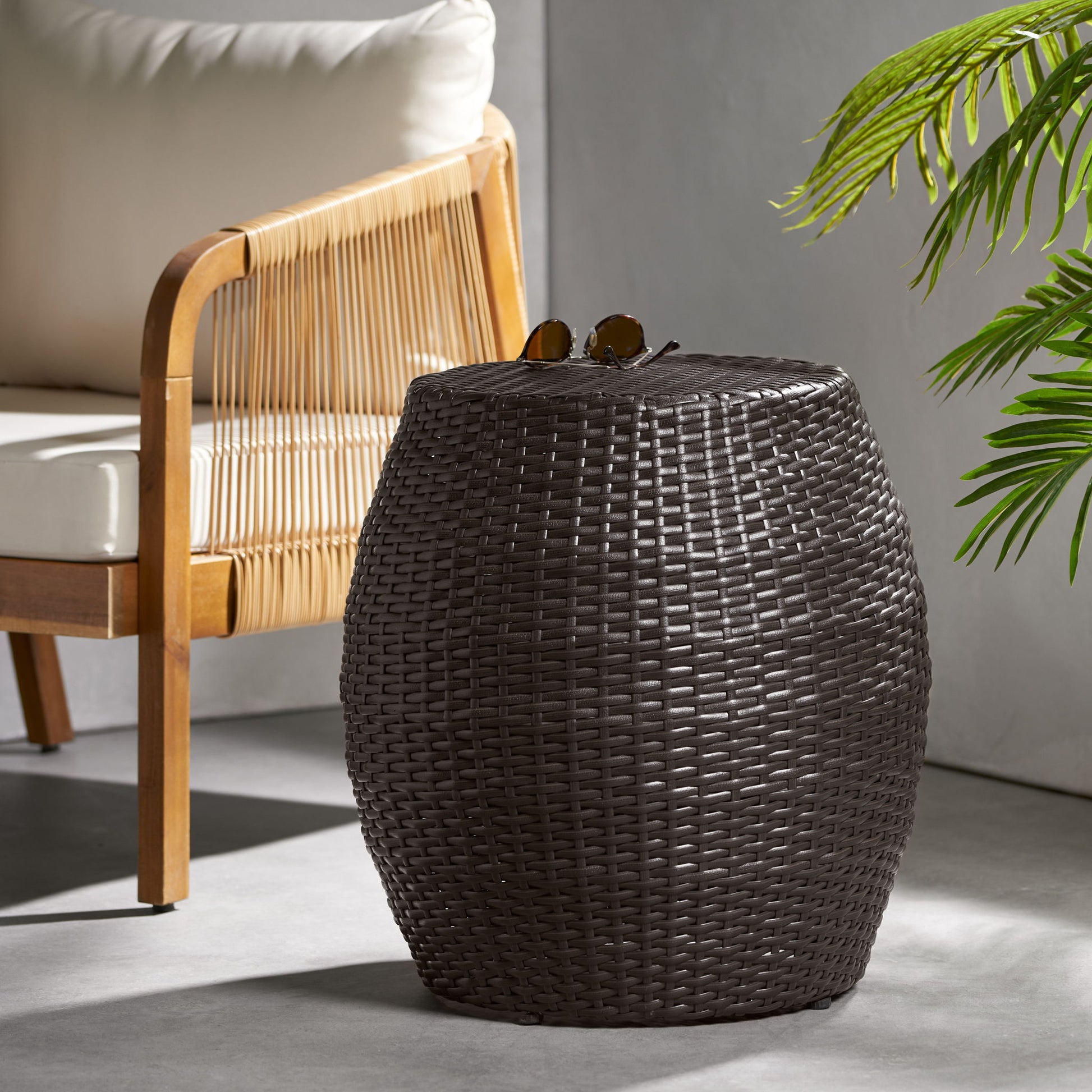 Outdoor Wicker Patio Side Table Noble House