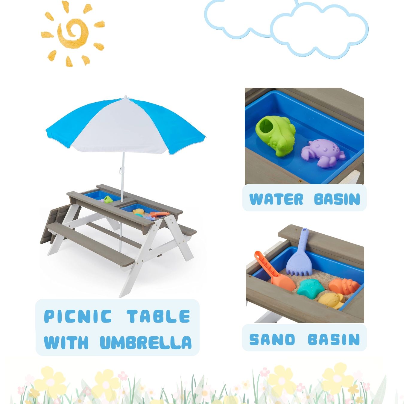 Wooden Kids Picnic Table, Sand And Water Table With Umbrella, Activity Table For Outdoor Backyard Patio Play - White / Gray Home Essentials