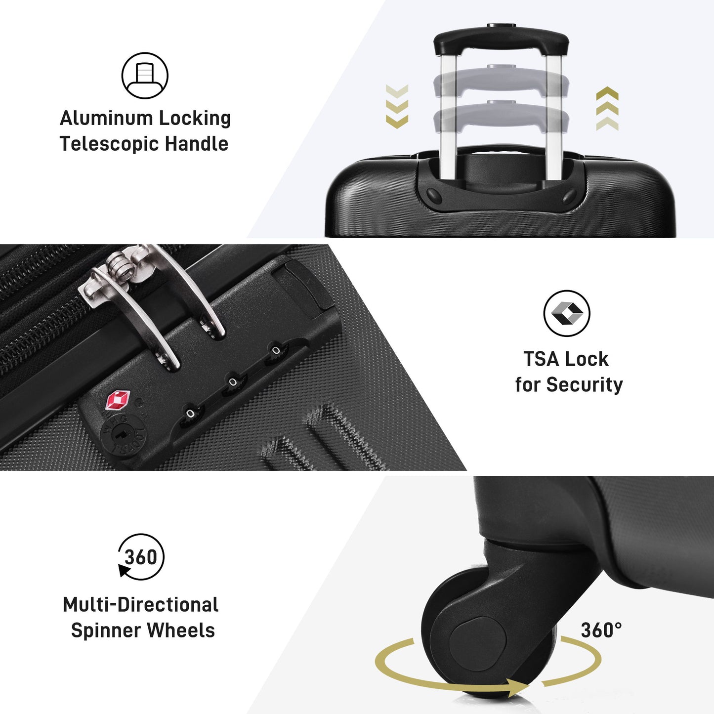 3 Piece Luggage Set Hardside Spinner Suitcase With Tsa Lock 20" 24" 28" Available - Black