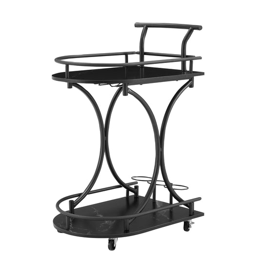 2 Tier Bar Cart, Slide Bar Serving Cart, Retro Style Wine Cart For Kitchen, Beverage Cart With Wine Rack And Glass Holder, Rolling Drink Trolley For Living Room, Dining Room - Black Home Essentials