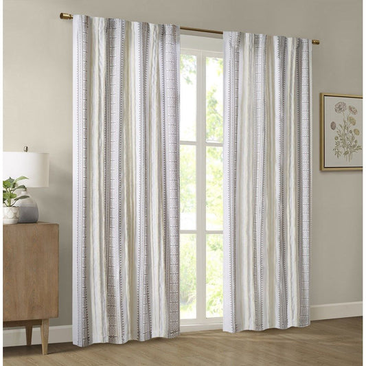 Samara - 50x95" Poly Printed Curtain Panel With Tufted Stripe And Lining - White/Brown Madison Park