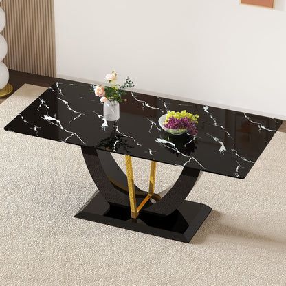 Modern Minimalist Luxurious Imitation Marble Dining Table Rectangular Office Desk With Tempered Glass - Black Home Essentials