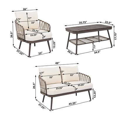 4 Piece Outdoor Patio Furniture Set, Metal Chairs With Woven Rope U Shaped Backrest Noble House