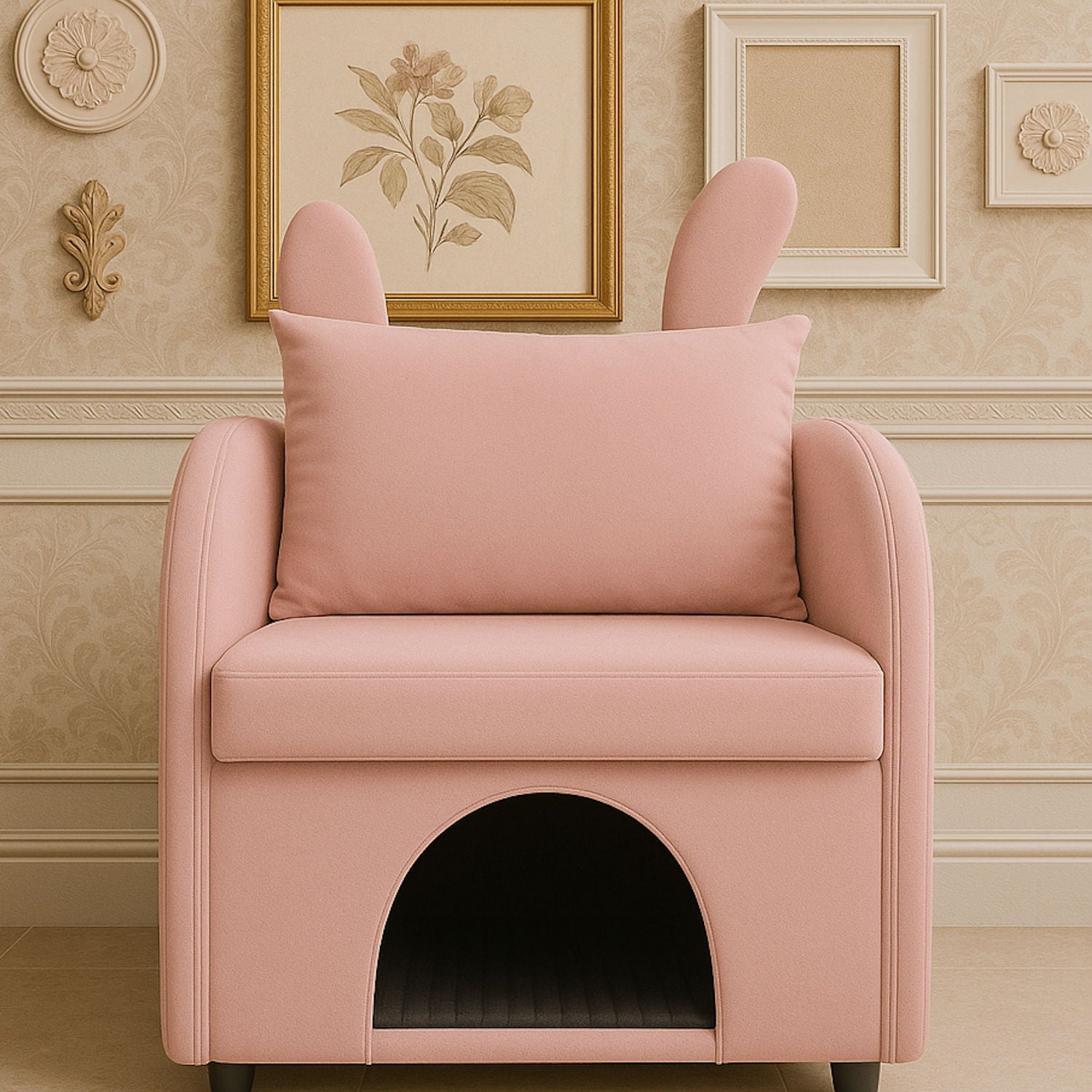 Bunny Ear Pet Friendly Armchair With Hidden Pet House With Storage Pocket For Bedroom & Living Room - Pink Home Essentials