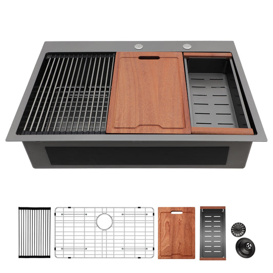 33" Drop In Kitchen Sink With Ledge Workstation, 16 Gauge Stainless Steel - Gunmetal Black Daily Nest