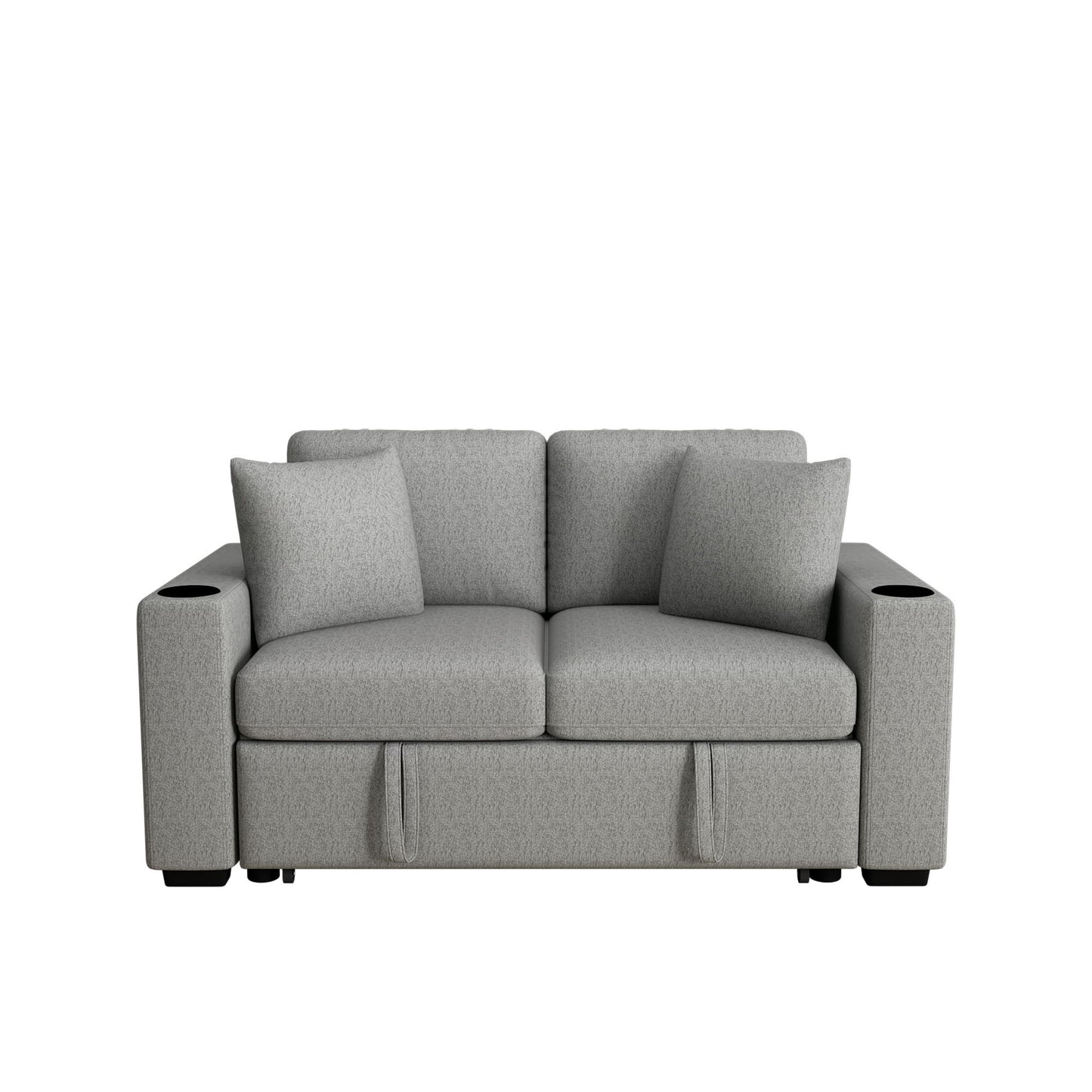 Modern 2 Seater Loveseat Sofa With Pull-Out Bed, Fabric, Built-In USB Ports & Cup Holders Hearth and Haven