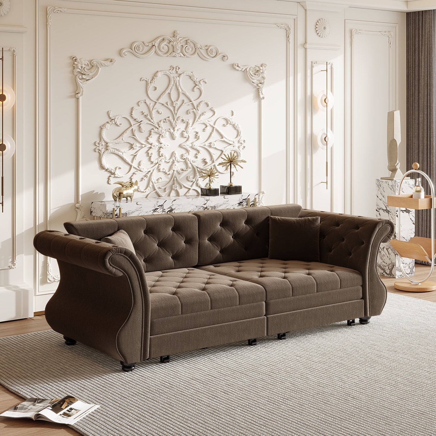 Oversized Chesterfield Pull Out Sofa Bed, Roll Arm Couch With Flower Tufting For Living Room Home Essentials