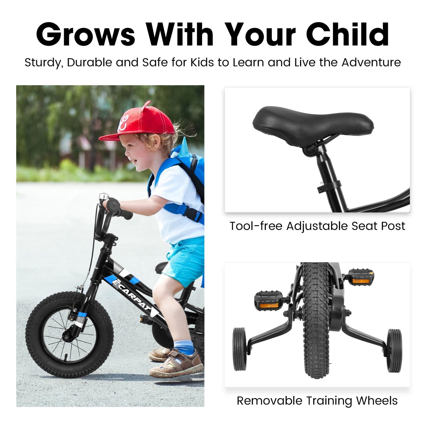 A12117 Kids' Bike 12" Wheels, 1 Speed Boys Girls Child Bicycles For 2 - 3 Years, With Removable Training Wheels Baby Toys, Front V Brake, Rear Holding Brake