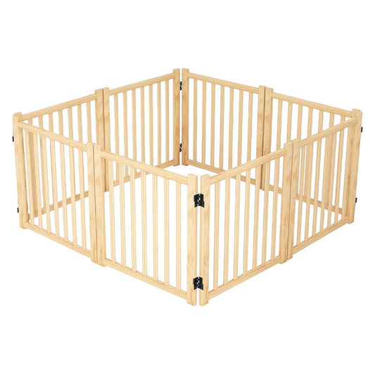 8 Panel Wooden Freestanding Dog Gate, Step Over Indoor Pet Fence For Doorways And Stairs - Natural Wood Daily Nest