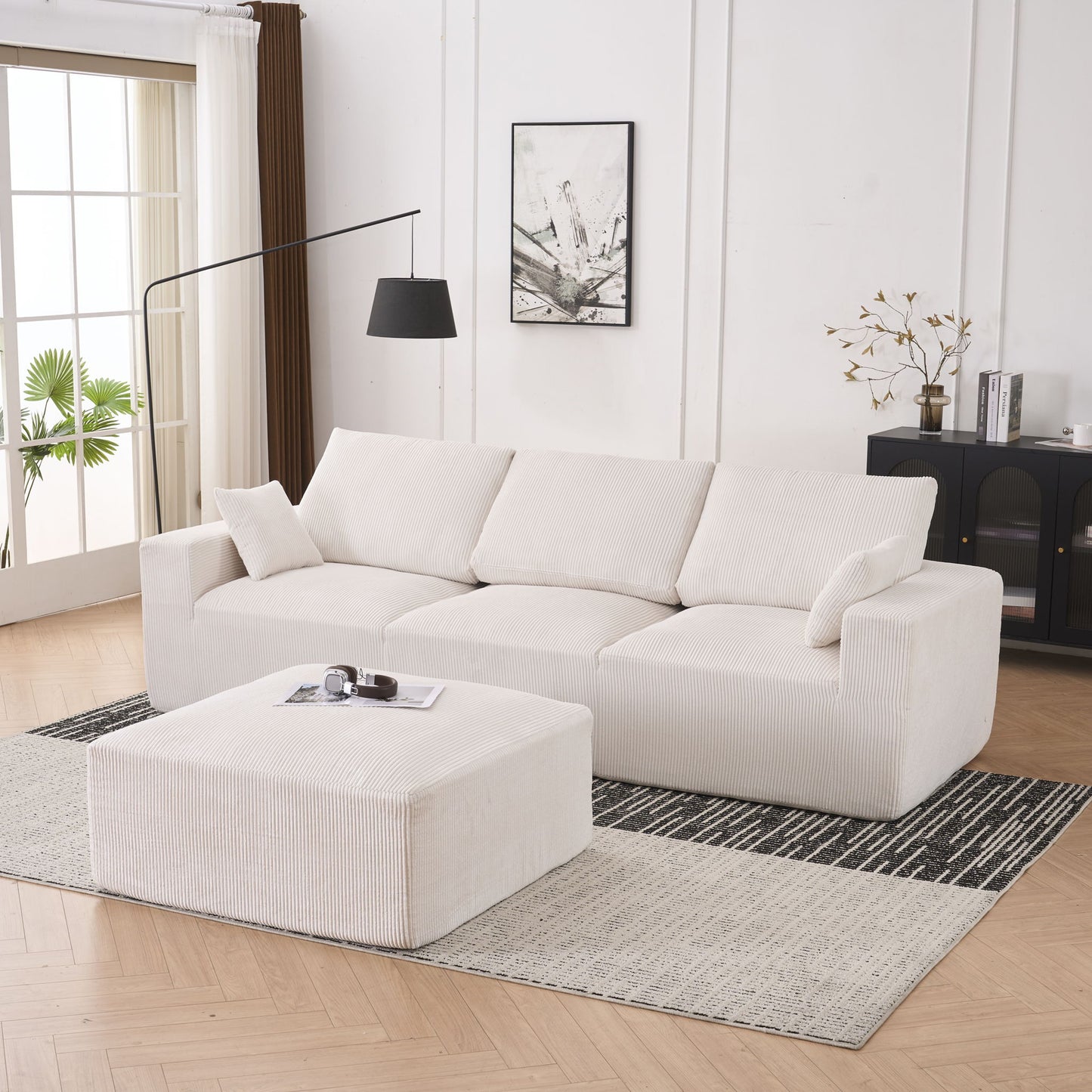 Modular Sectional Sofa With Ottoman, USB And Type C Charger, Petal Armrest Design - Snoozhouse