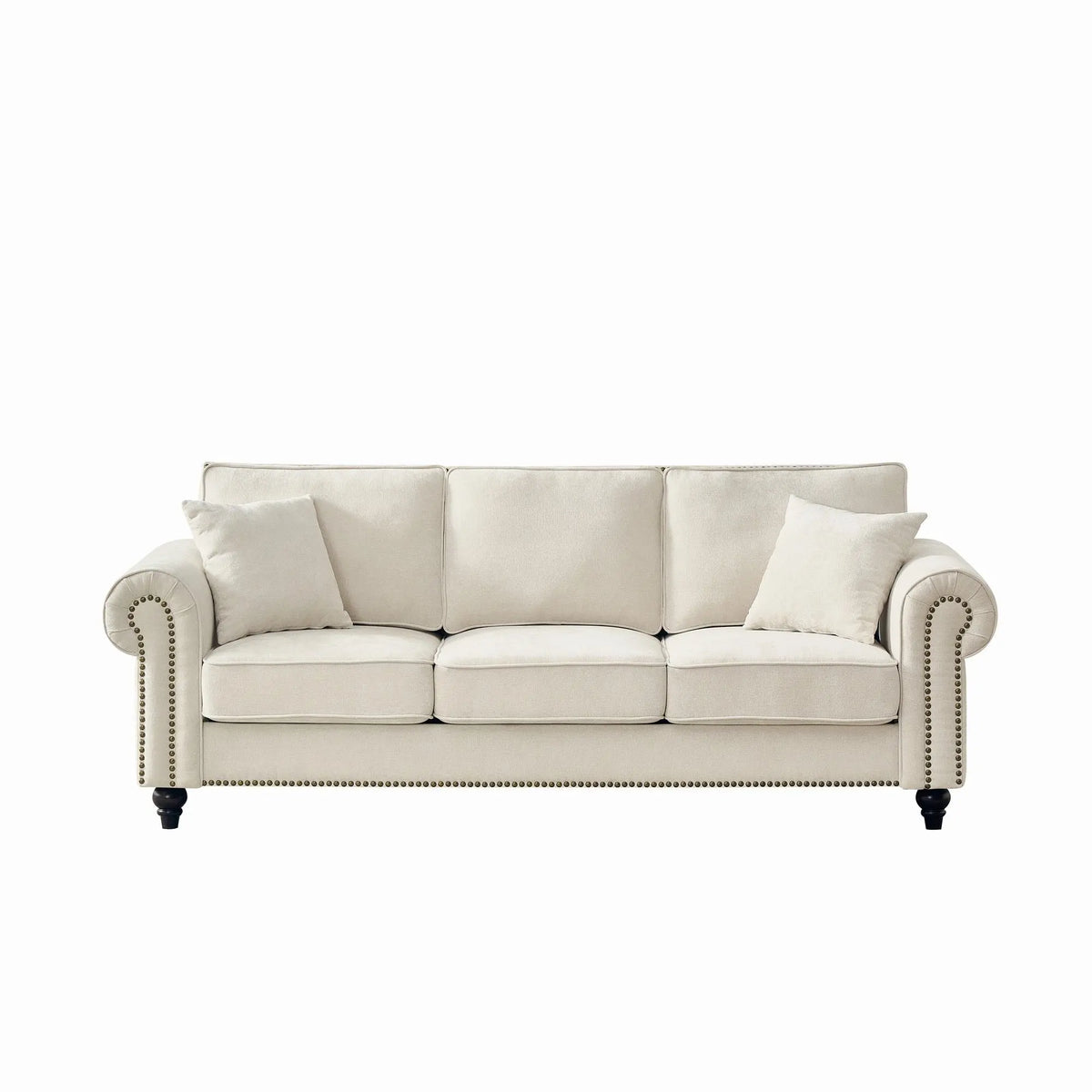 3 Seater Sofa With Tufted Upholstery, Rolled Arms, Nailhead Trim Home Essentials