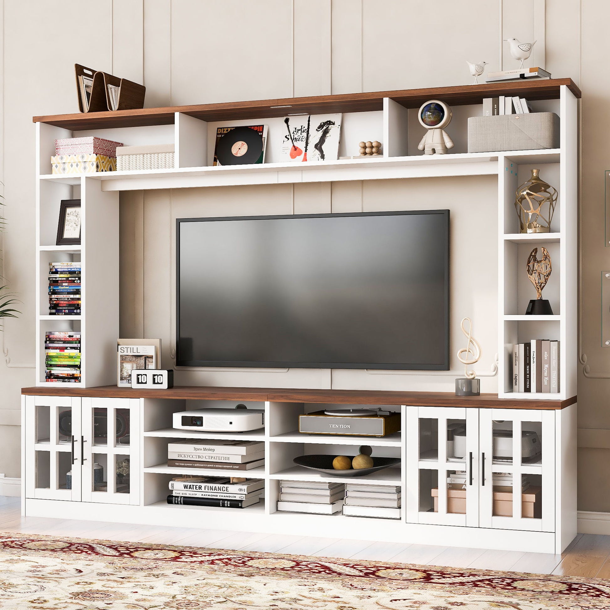 Wall Unit Entertainment Center With Bookshelves For TVs Up To 80", Tempered Glass Doors And Adjustable Shelves Hearth and Haven
