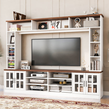 Wall Unit Entertainment Center With Bookshelves For TVs Up To 80", Tempered Glass Doors And Adjustable Shelves Hearth and Haven