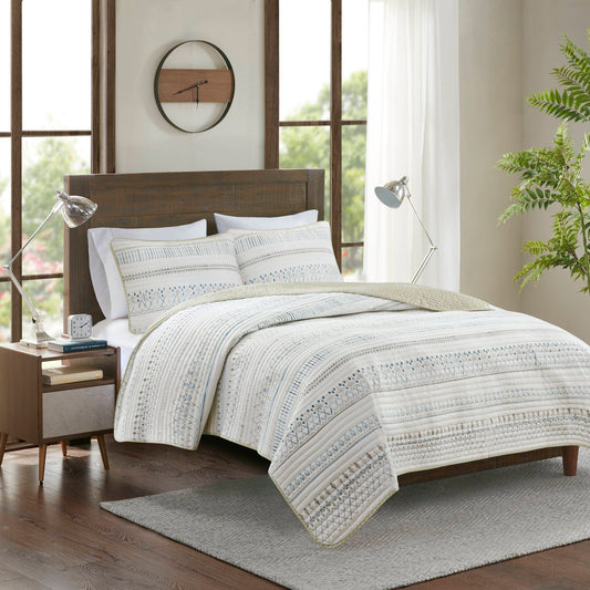 Fraser - 3 Piece Printed Microfiber Seersucker Quilt Set - Taupe/Blue Madison Park