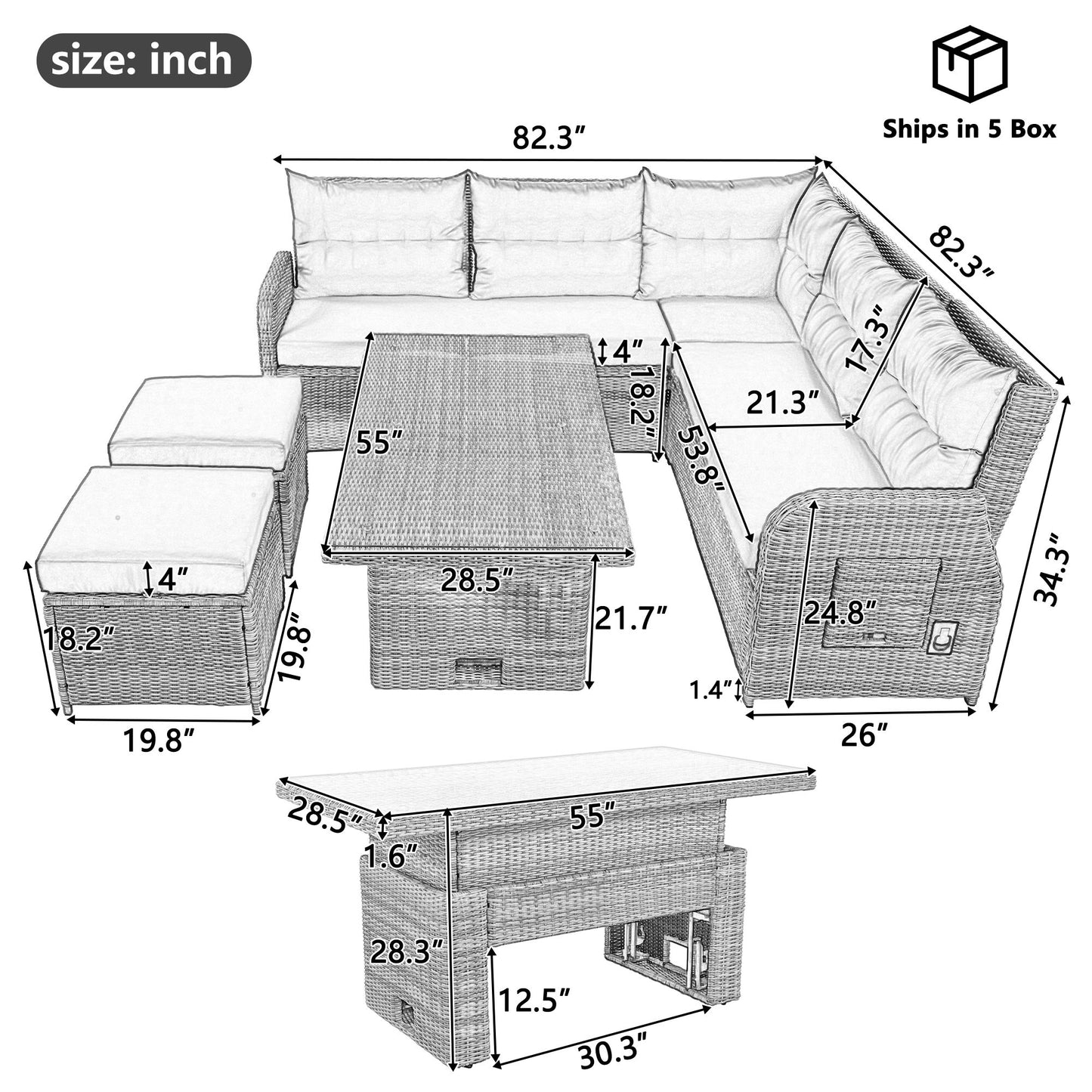 Outdoor Furniture Set Patio Rattan Furniture Set With Adjustable Table, Recliners With Extendable Side Tables And 2 Ottomans Hearth and Haven