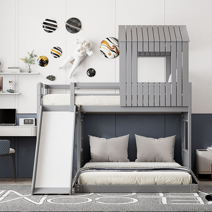 Loft Bunk Bed With Playhouse, Farmhouse, Ladder, Slide And Guardrails DreamHaus