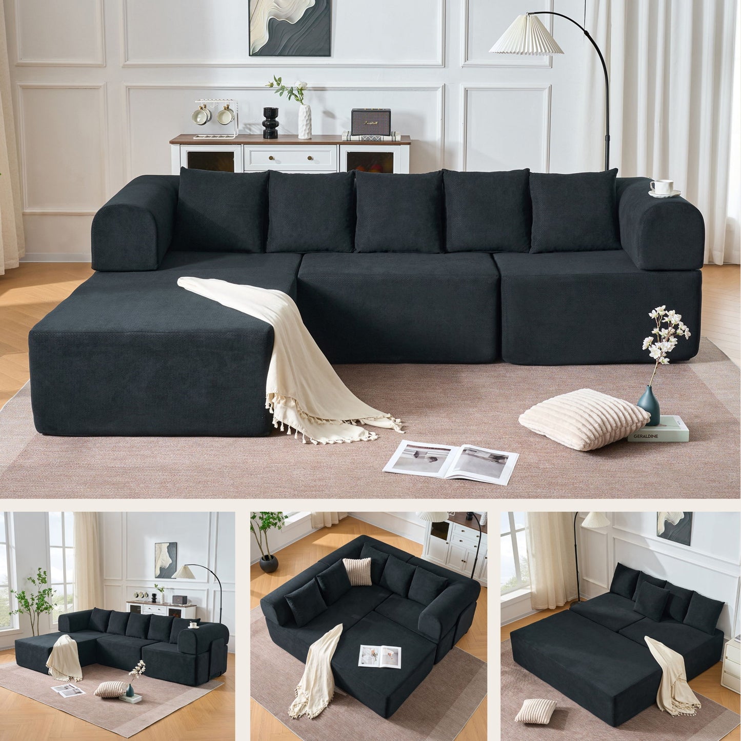Modular L-Shaped Sectional Sofa With Deep Seat, Movable Chaise & 5 Pillows Home Essentials