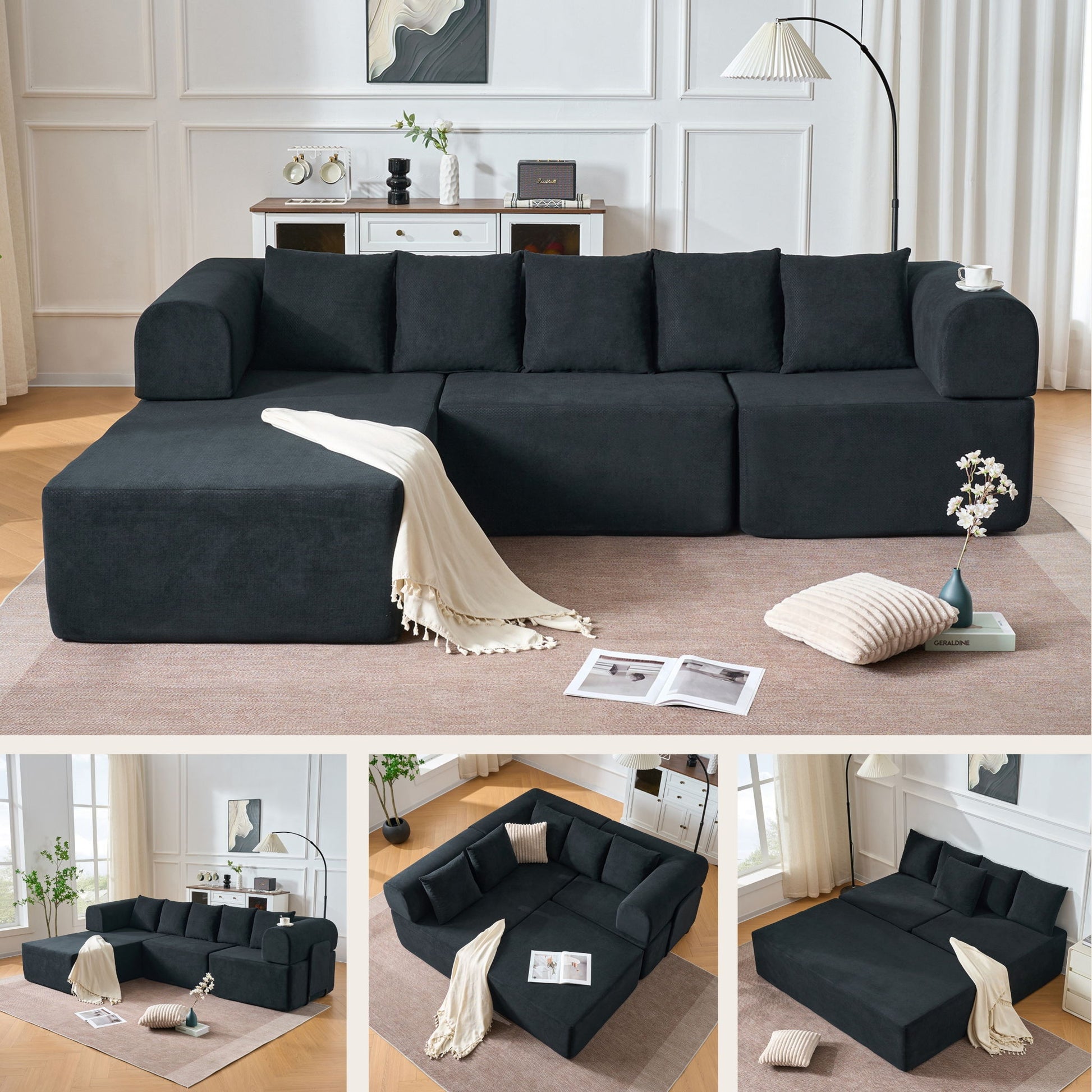 Modular L-Shaped Sectional Sofa With Deep Seat, Movable Chaise & 5 Pillows Home Essentials