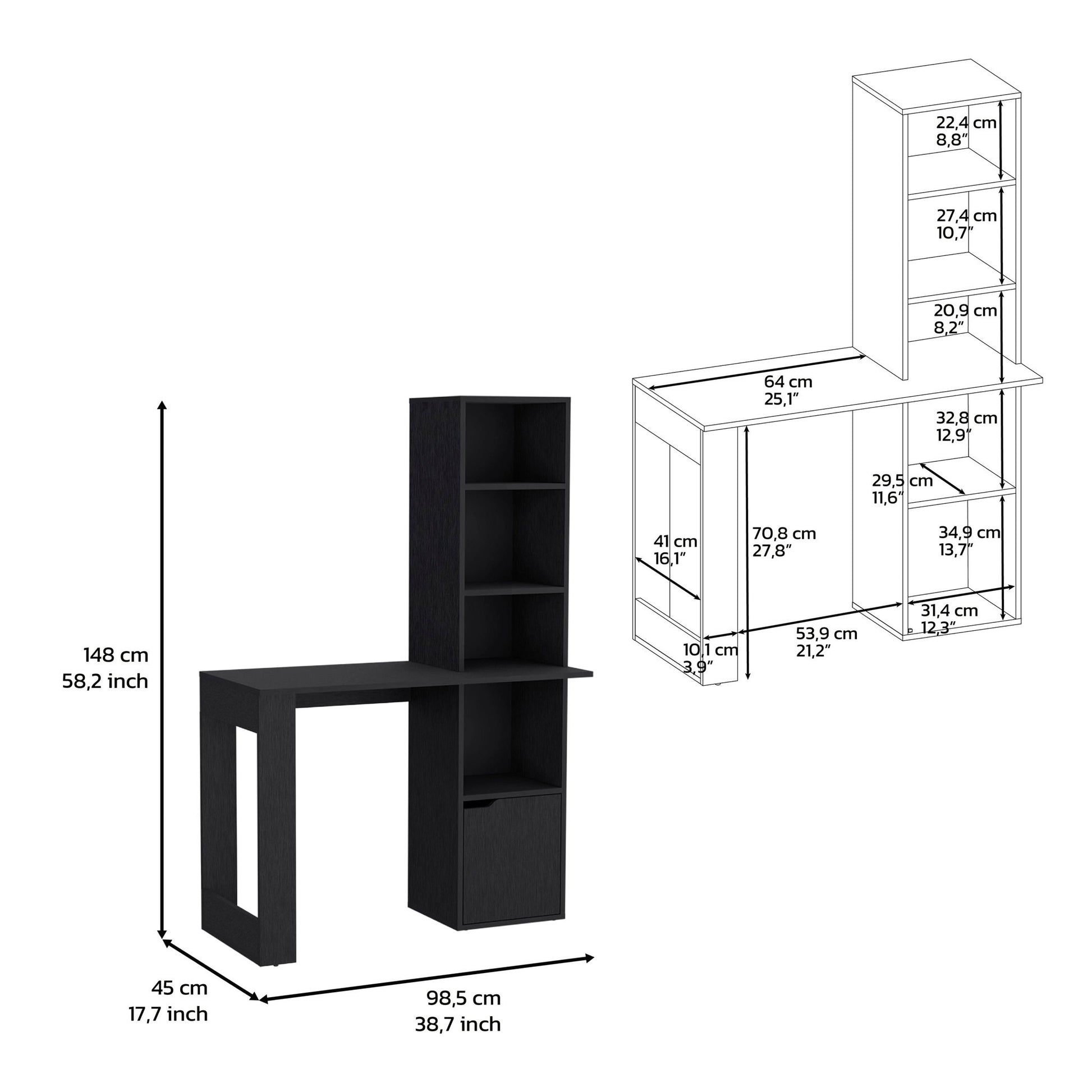 Writing Desk With Bookcase And Cabinet - Black Home Essentials