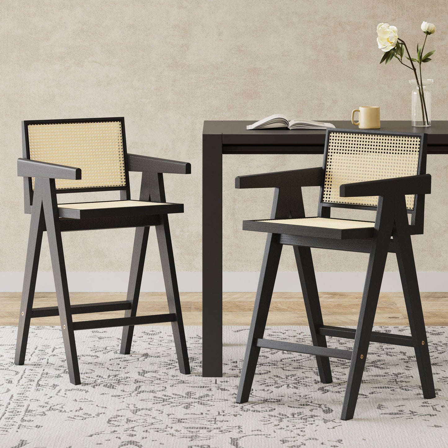 Modern Minimalist Bar Stool With Cane Seat - Black / Natural Noble House