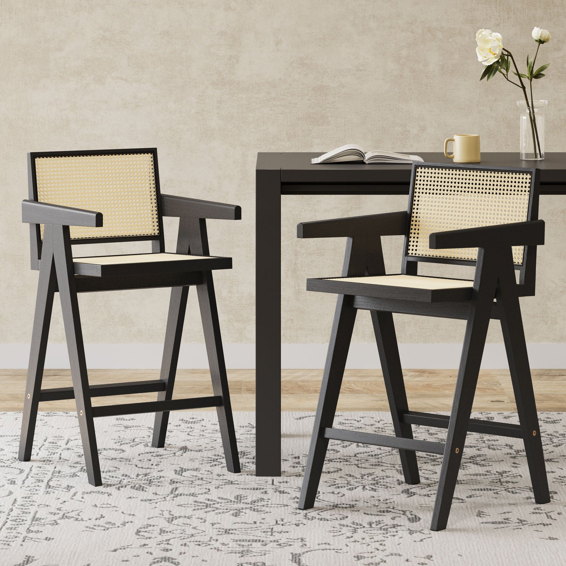 Modern Minimalist Bar Stool With Cane Seat - Black / Natural Noble House