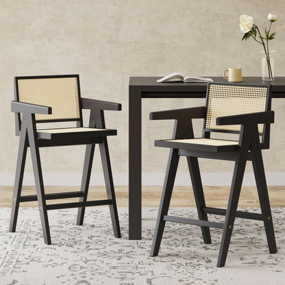 Modern Minimalist Bar Stool With Cane Seat - Black / Natural Noble House