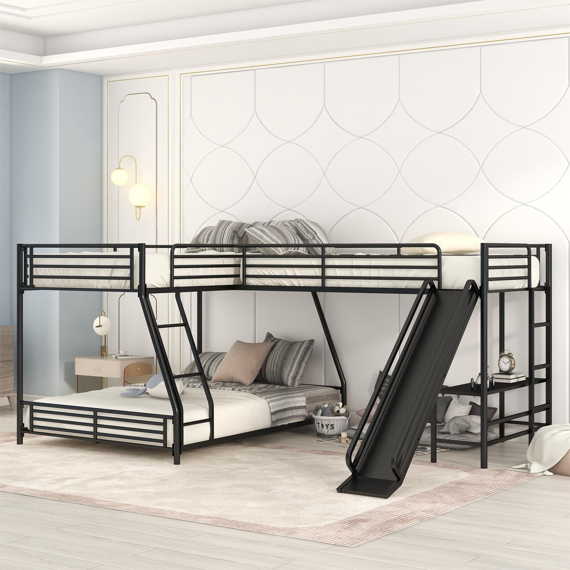 L-Shaped Twin Over Full Bunk Bed With Twin Loft, Built In Desk And Slide - Black Hearth and Haven