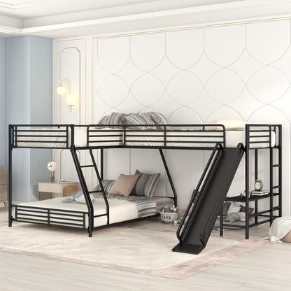L-Shaped Twin Over Full Bunk Bed With Twin Loft, Built In Desk And Slide - Black Hearth and Haven
