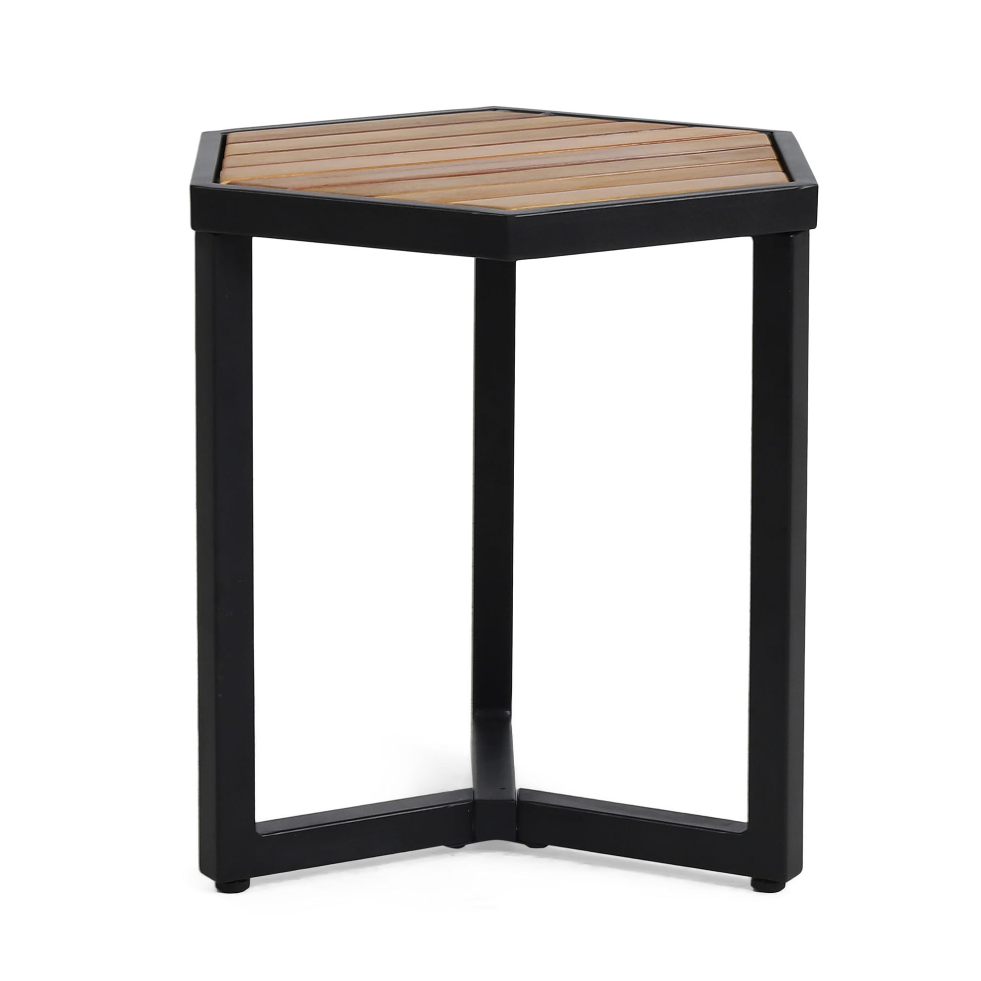 Outdoor Side Table With Iron Base And Slatted Top - Brown Noble House