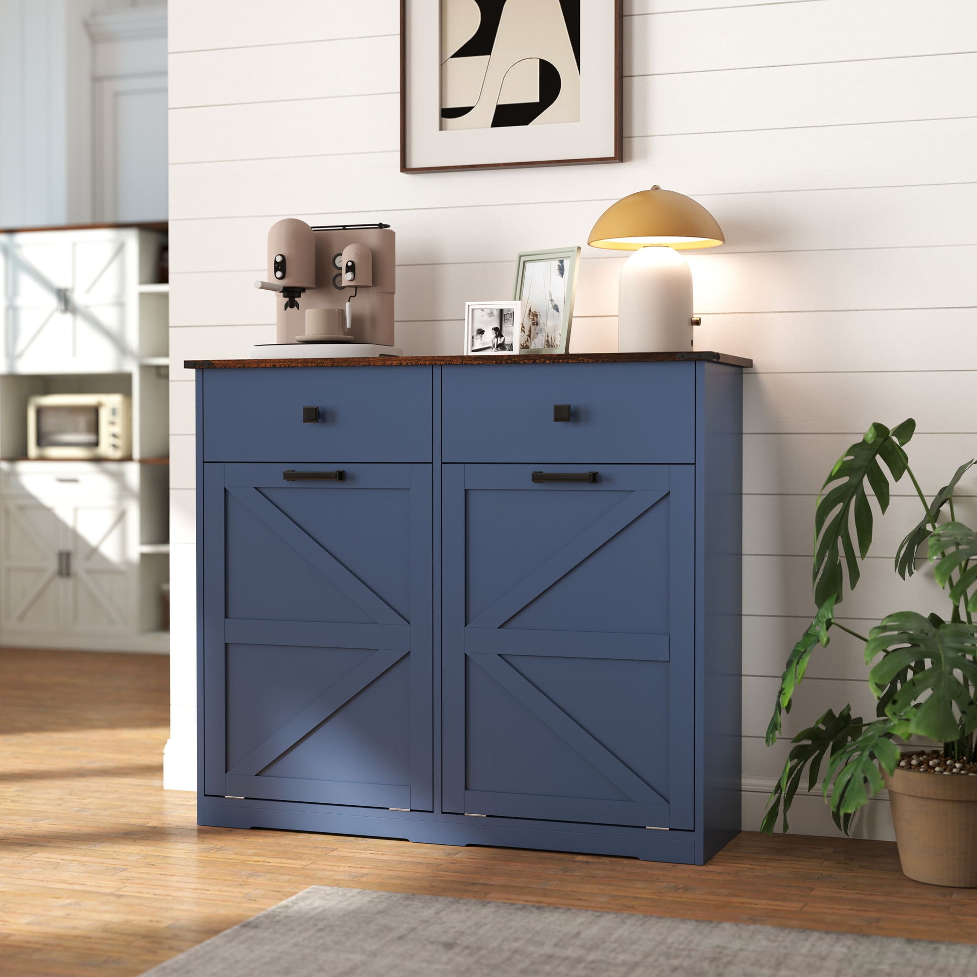 Double Tilt Out Trash Cabinet With Hideaway Drawer And Barn Door Style Home Essentials