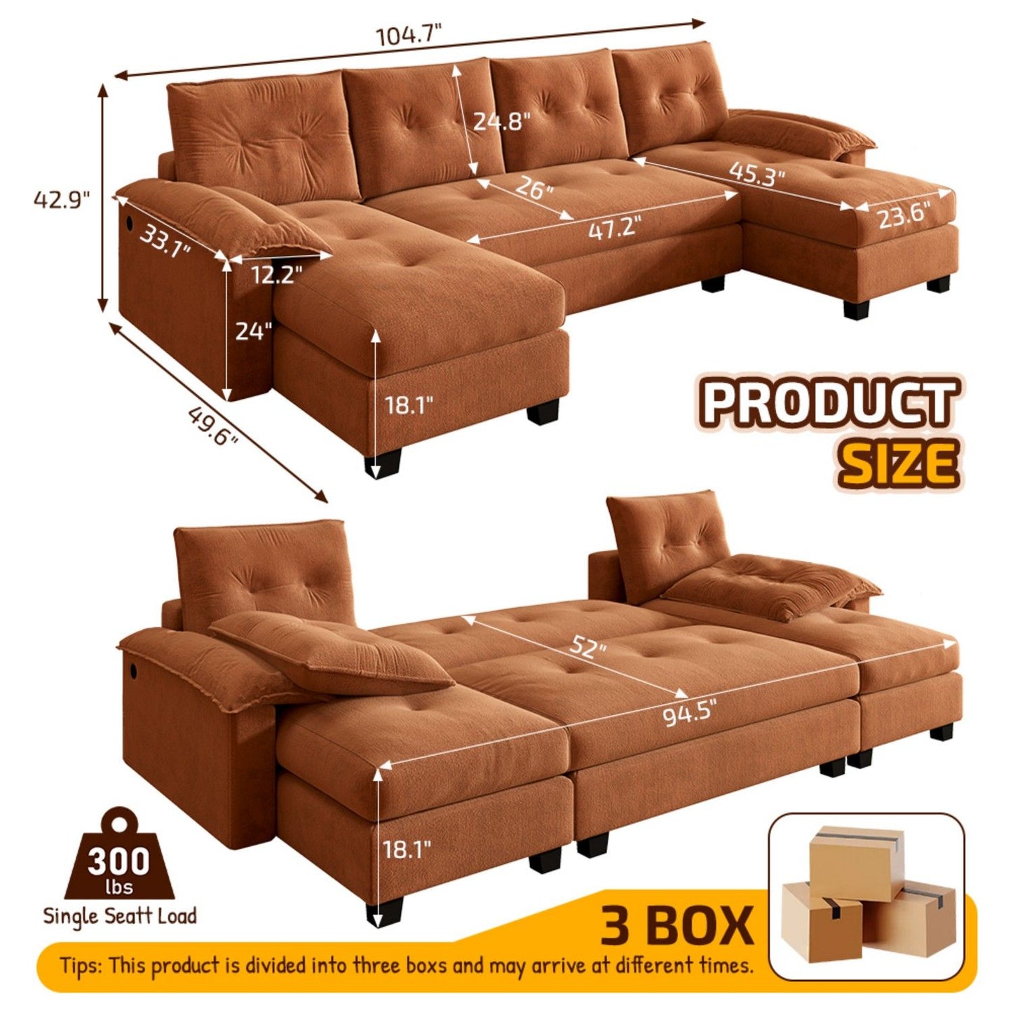 U-Shaped Sleeper Sofa With Pull Out Bed Home Essentials