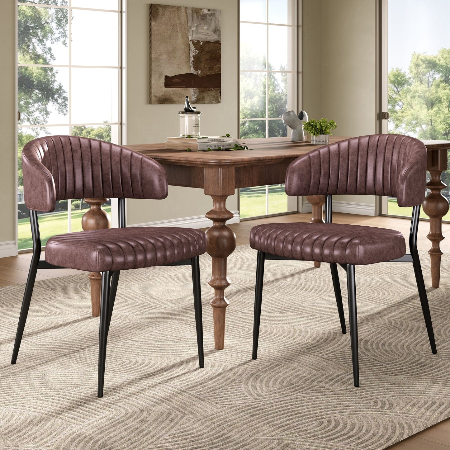 Modern Curved Back Upholstered Dining Chair Set With Metal Legs (Set of 2) - Brown / Black Noble House