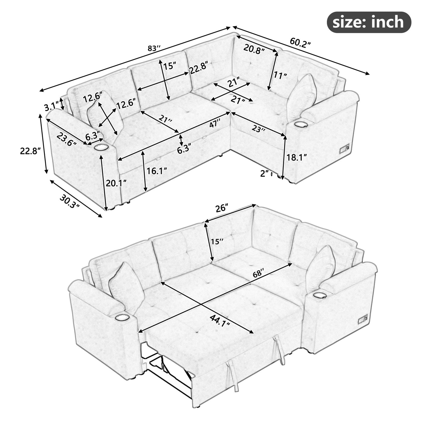 L-Shape Sofa Bed Pull-Out Sleeper Sofa With Wheels, USB Ports, Power Sockets For Living Room