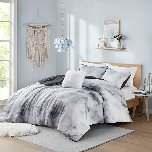 Cassiopeia - Watercolor Tie Dye Printed Twin Duvet Cover Set With Throw Pillow - Charcoal Intelligent Design