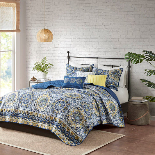 Tangiers - 6 Piece Reversible Coverlet Set - Blue Madison Park