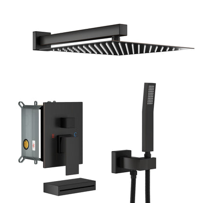 Square Shower System With Waterfall Tub Spout And Rough In Valve, Wall Mounted Daily Nest